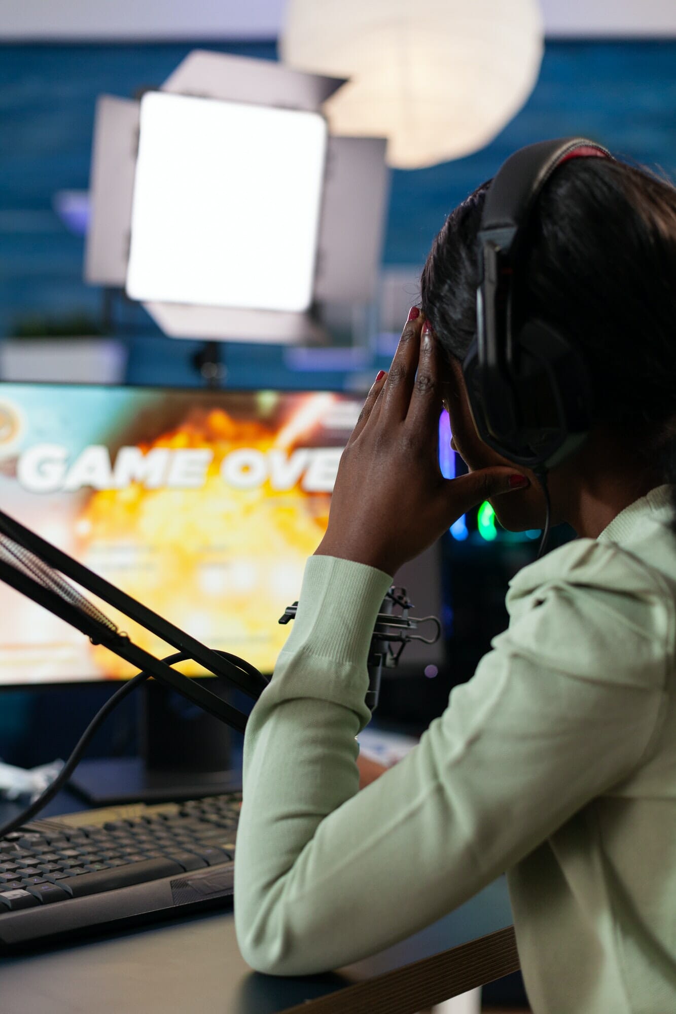 African american woman gamer losing online videogames