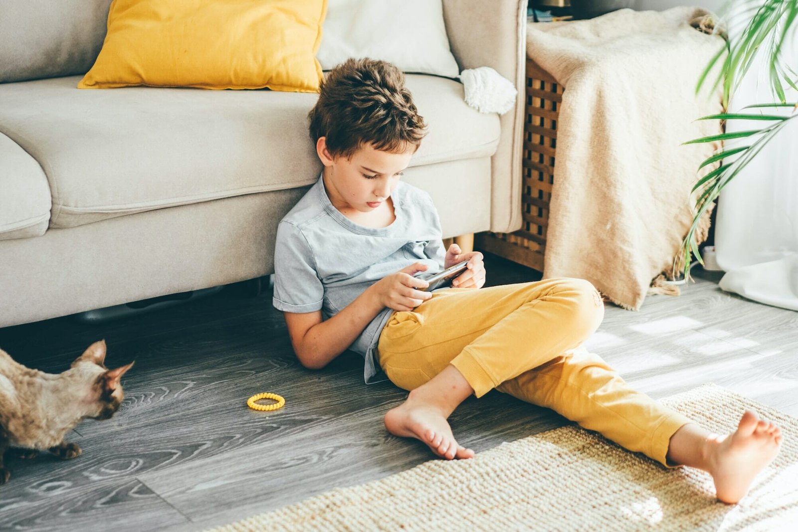 Boy using mobile phone at home.