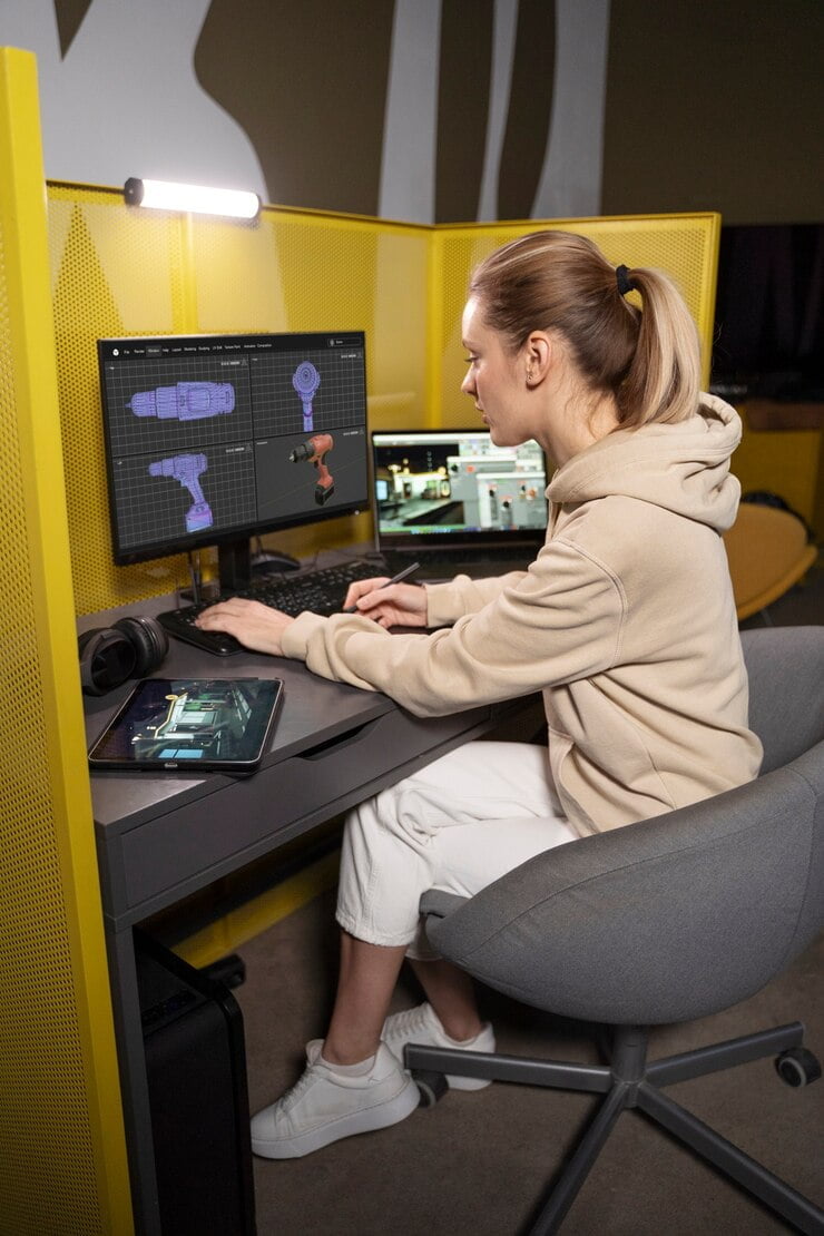 Female game developer designing tools for a 3D game on her PC