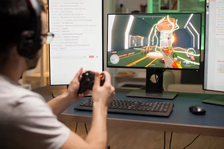 Multiplayer Game Development Multiplayer Game Development Agency testing a sci-fi shooter on a triple monitor setup