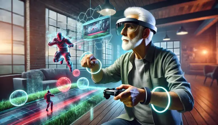 Senior developer testing metaverse game development with VR headset and holographic gaming characters