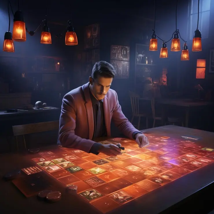 Professional working on metaverse game development using holographic interface table with glowing UI
