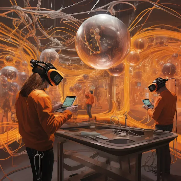 Two developers in metaverse game development environment using VR headsets with floating digital spheres