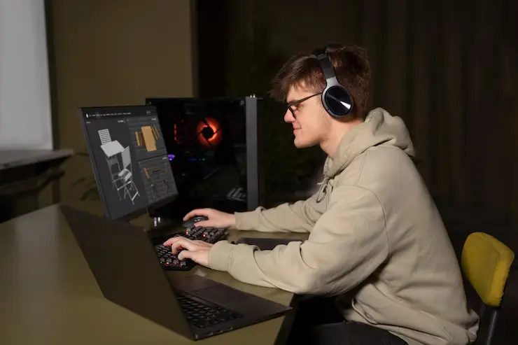 Man designing assets at computer for Unreal Engine Game Development Agency