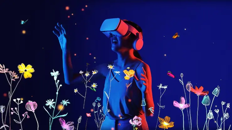 Person experiencing metaverse game development VR world with colorful digital flowers and particles