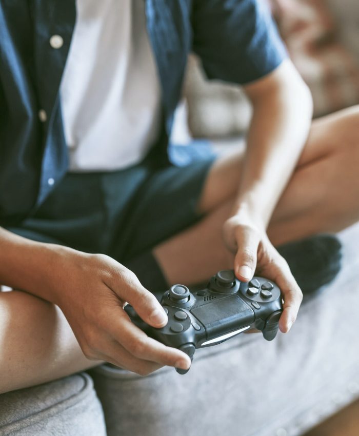 Boy playing video game in living room