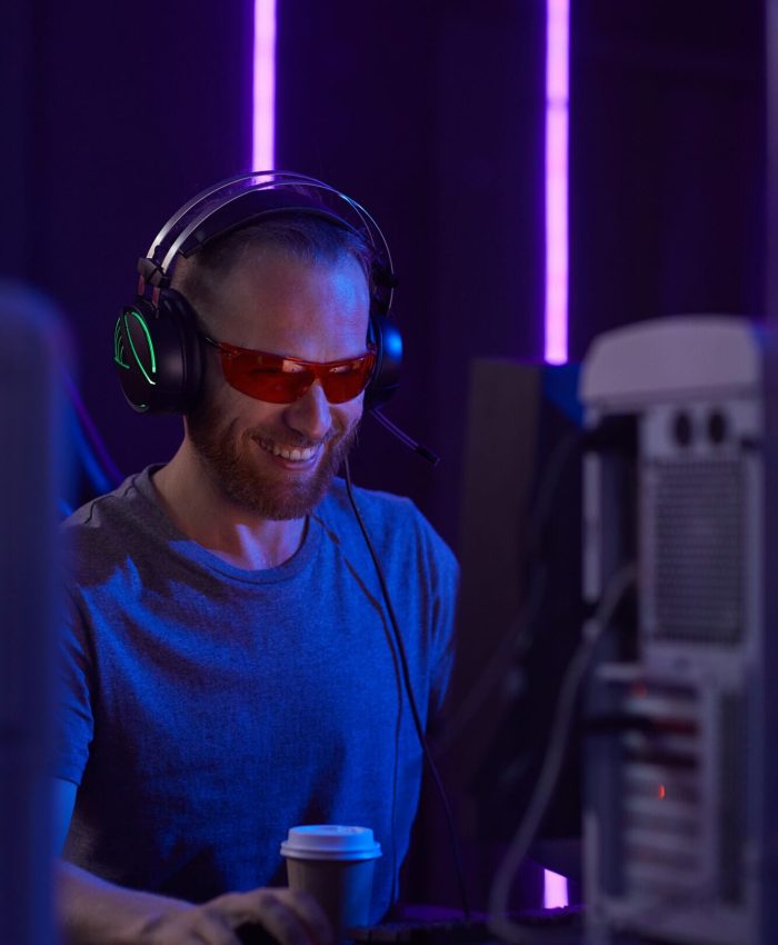 Computer gamer enjoying the game on computer, Buildbox Game Development