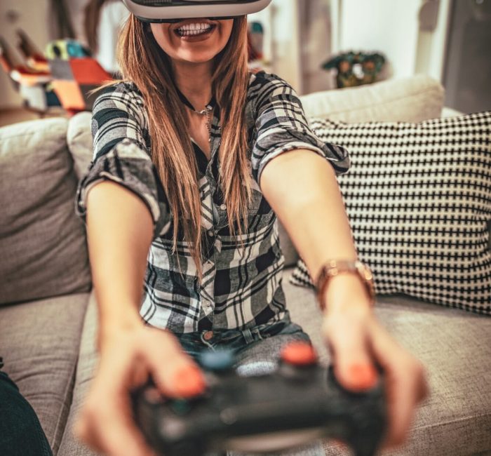 Focused gamer competing in an intense gaming session