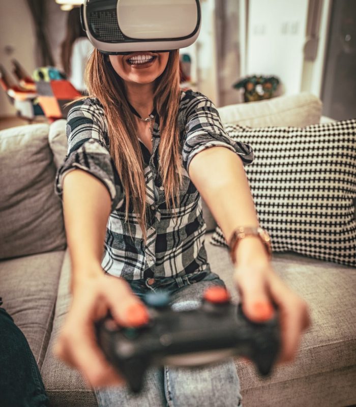 Player deeply immersed in a thrilling competitive video game match Focused gamer competing in an intense gaming session