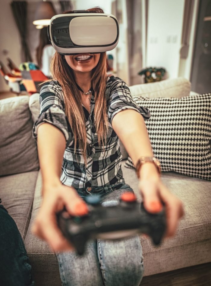 Focused gamer competing in an intense gaming session