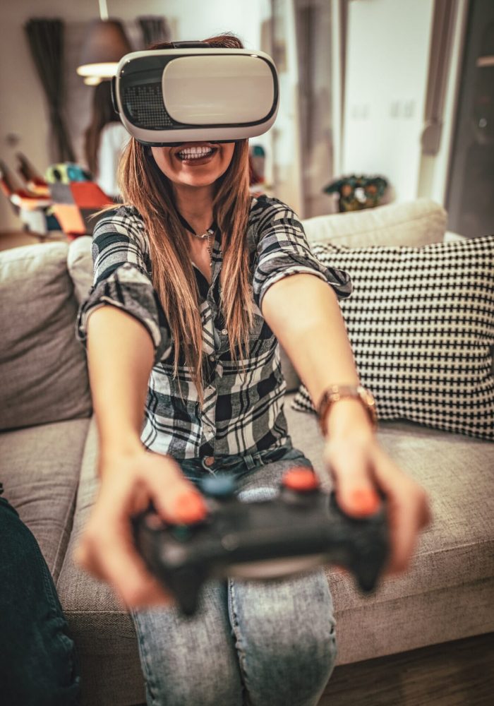 Focused gamer competing in an intense gaming session