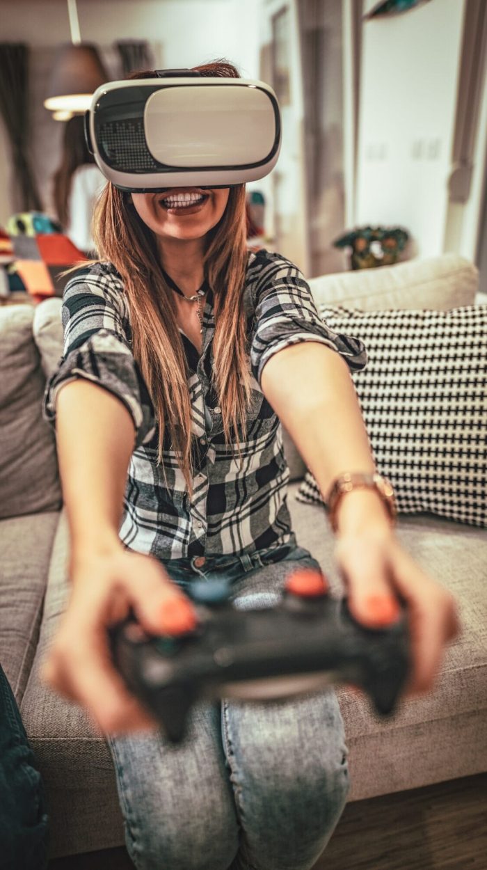 Focused gamer competing in an intense gaming session