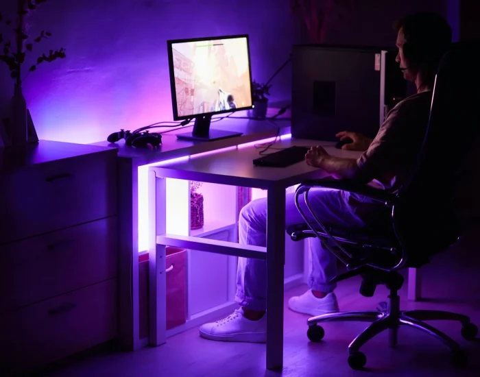 Gamer playing an intense computer game