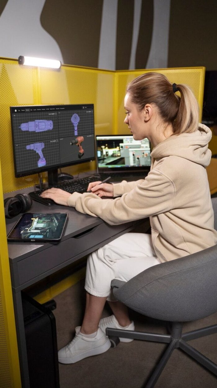 Female game developer designing tools for a 3D game on her PC