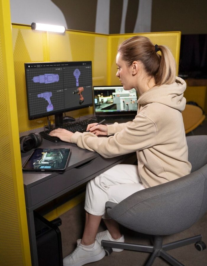 Female game developer designing tools for a 3D game on her PC