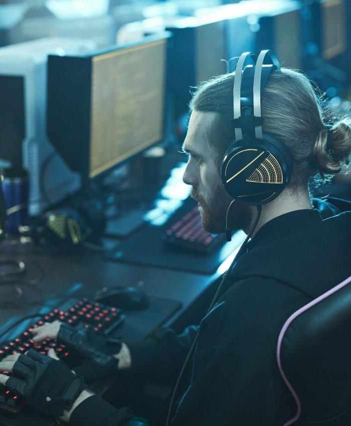 Game developer working in a creative production department on a new gaming project.