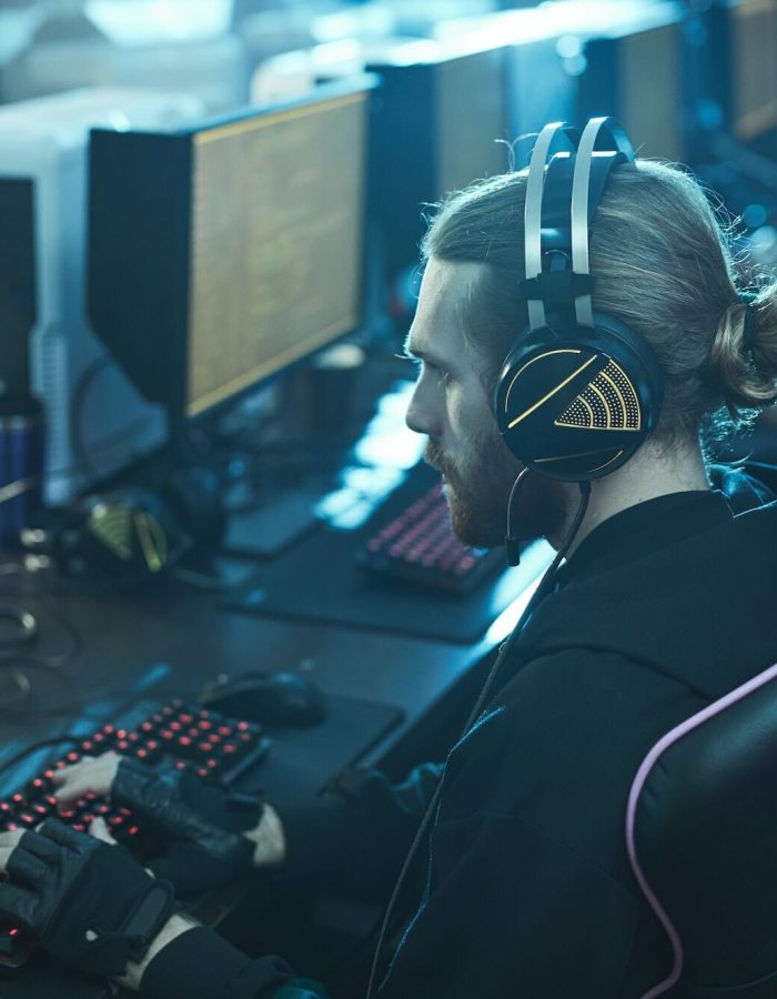 Game developer working in a creative production department on a new gaming project.