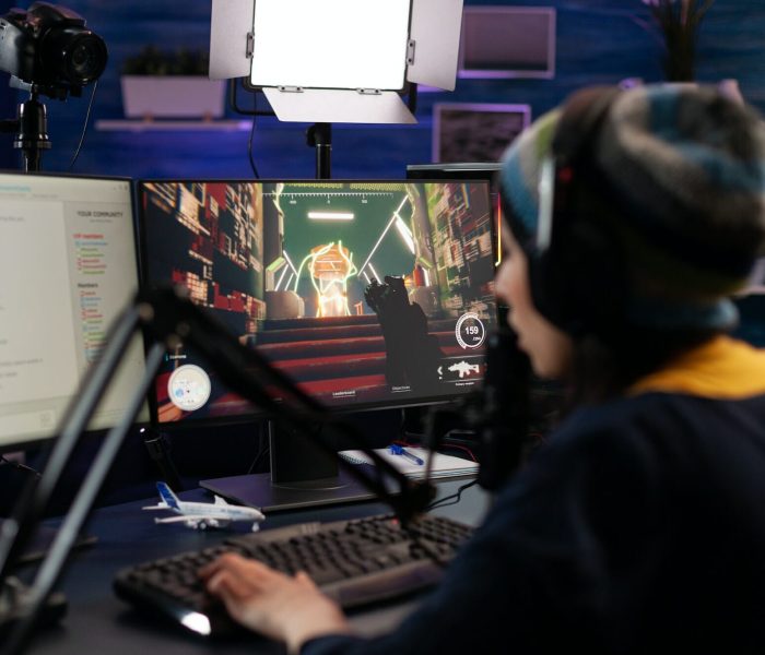 Engaged gamer streaming a retro-style Graphic Adventure Game Development title